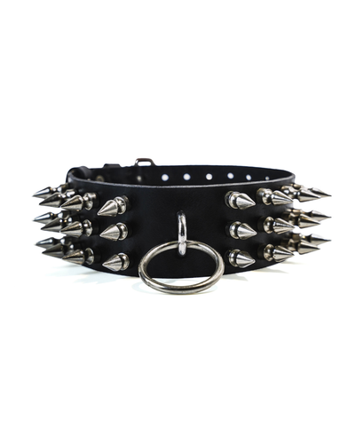 Subculture Rave Collar front view on white background — wide black genuine leather collar with three rows of silver cone spike studs and centre O-ring