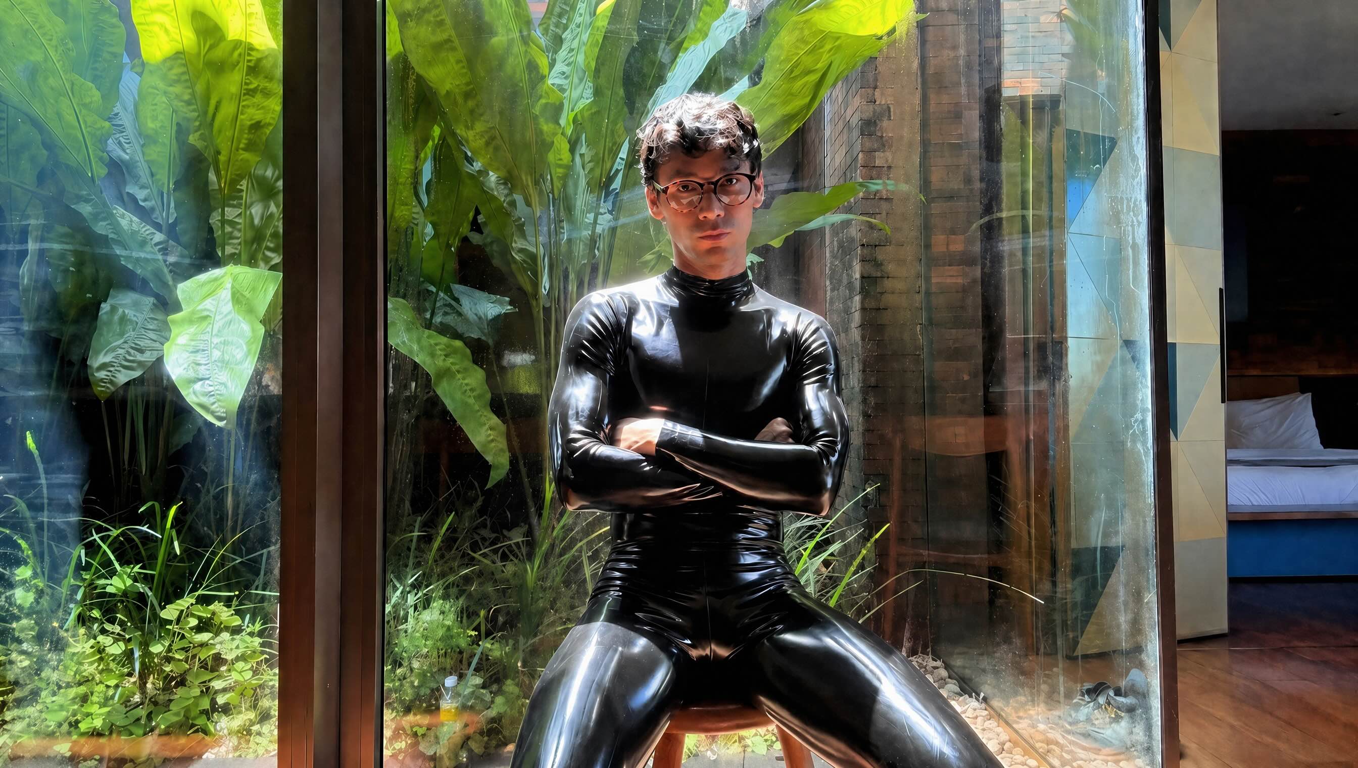 man in black latex catsuit seated in glass conservatory