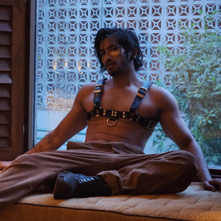 Men's leather chest harness with O-rings handcrafted by Subculture India
