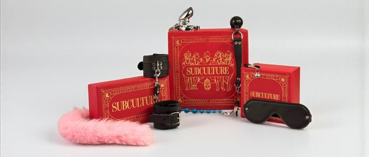 Subculture bondage accessory gift set with cuffs, blindfold, and collar