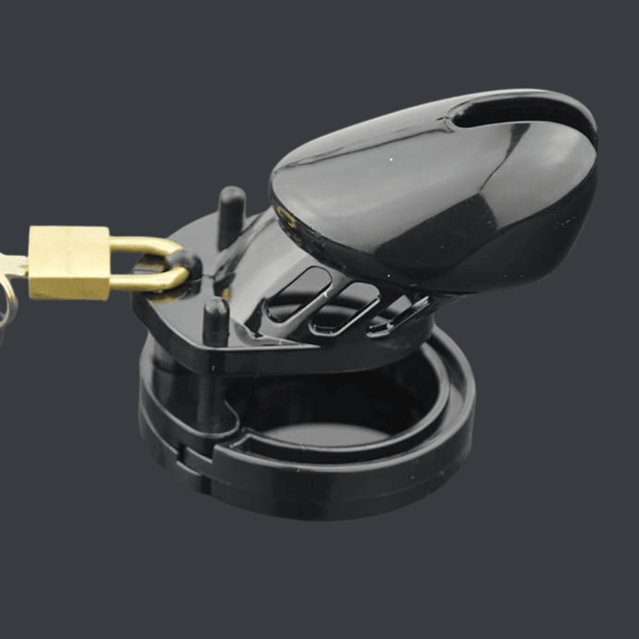 Chastity Plastic Cage Men, genuine leather chastity cage by Subculture, side view