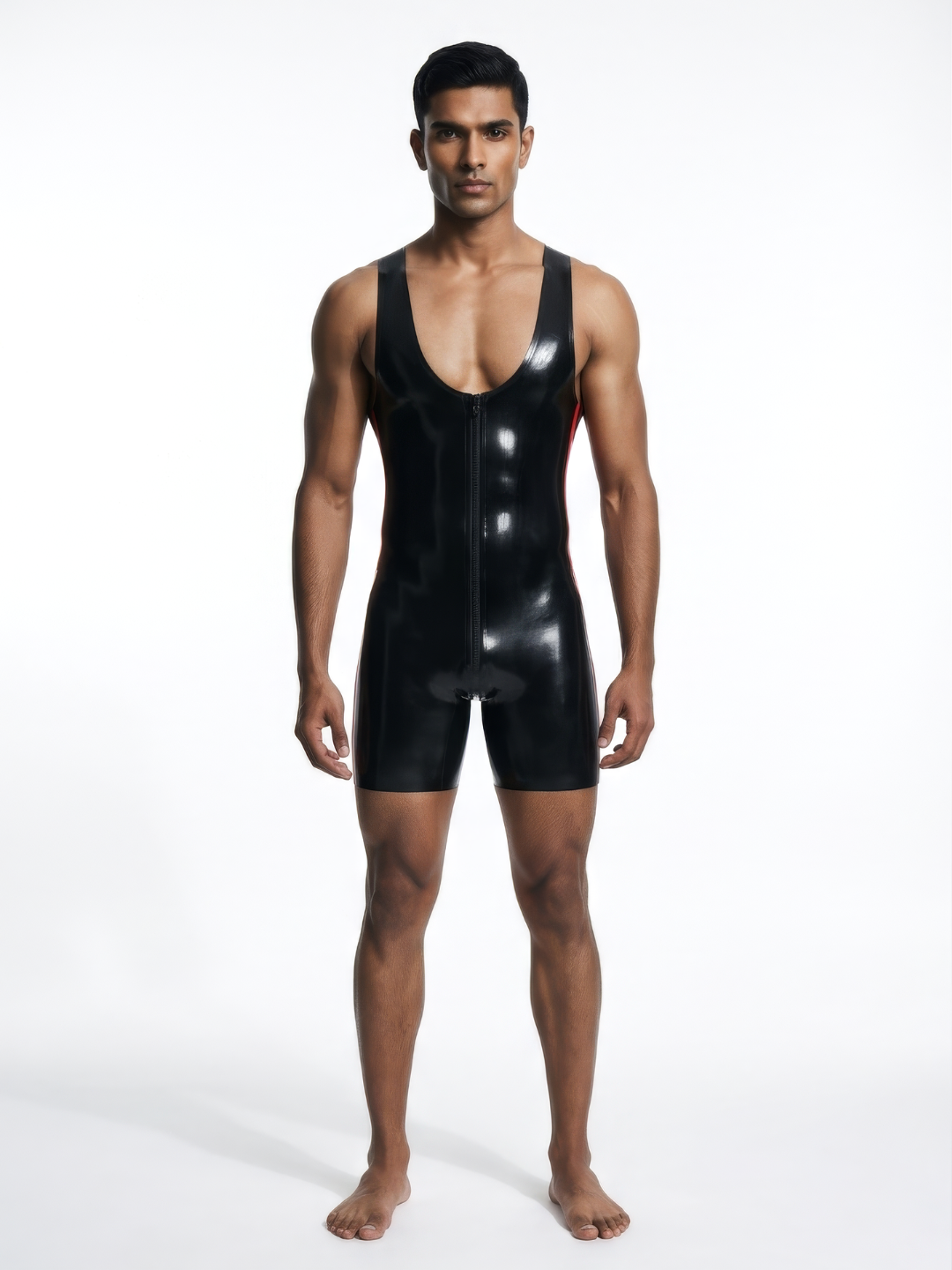 Men's black latex wrestling singlet with red side stripes, front view