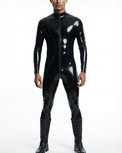 Men's Latex Catsuit, black latex catsuit by Subculture, full body front view