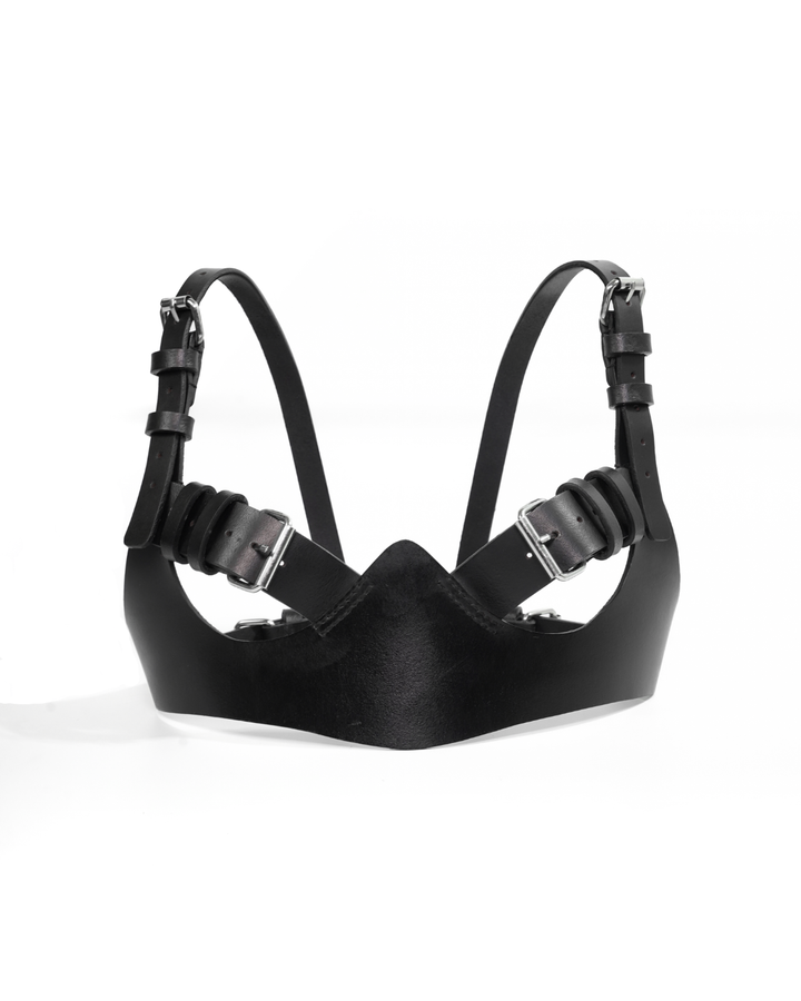 Leather Bikini Set bra top on white background — structured black leather cup with scalloped pointed edge, two chest buckle straps and adjustable shoulder straps