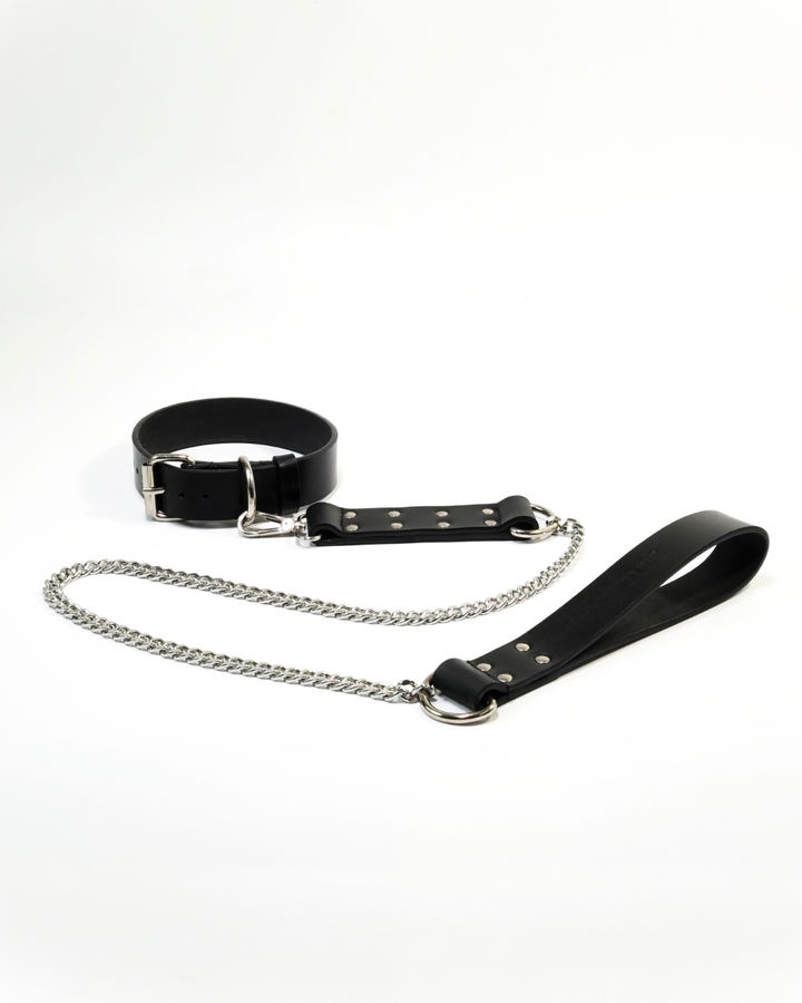 Leather Collar and Leash Set in Classic Black - adjustable buckle collar with front D-ring and 55-inch leather leash, Leathersubculture India
