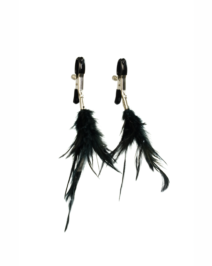 Adjustable Nipple Clamps with Feathers - two independent clamps each with a feather, no connecting chain, Leathersubculture