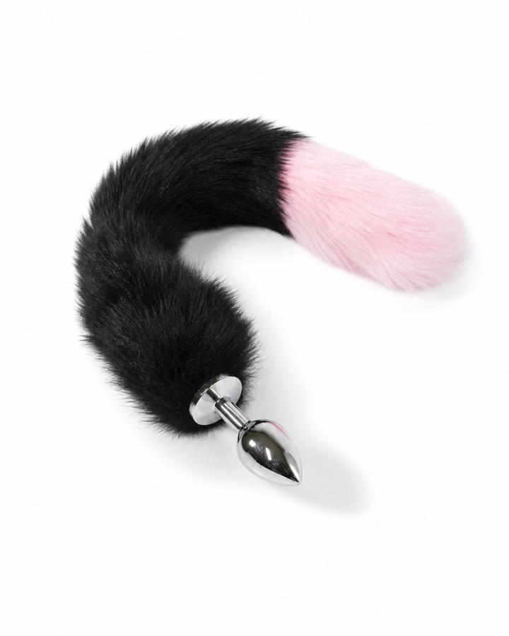 Fox tail butt plug with black-to-pink ombre faux fur tail and polished stainless steel plug, angled product shot, Leathersubculture