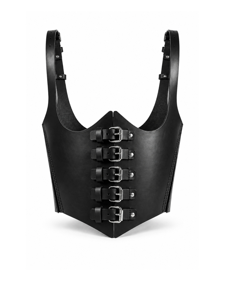 A black leather corset-style vest with adjustable shoulder straps and five front buckle straps, shown on a plain white background.