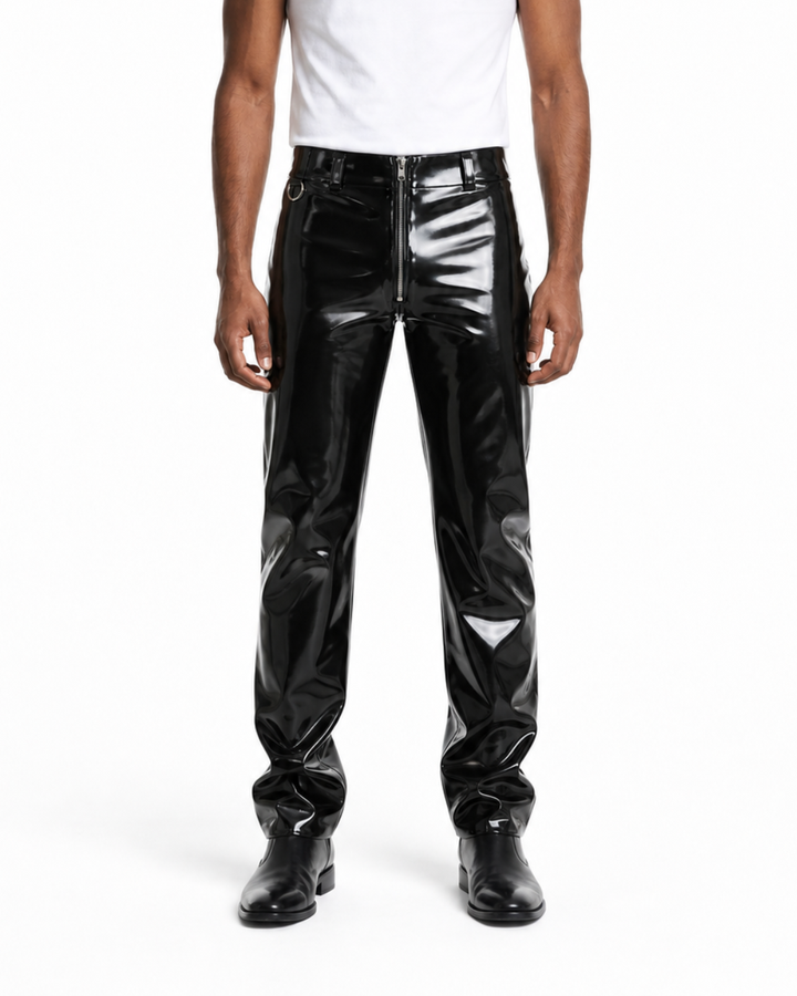 Black high waist latex pants front view, front zip fly, D-ring waistband hardware, straight leg — Leathersubculture