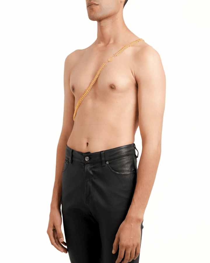 Subculture Cross Body Chain Belt, metal belt by Subculture, worn view