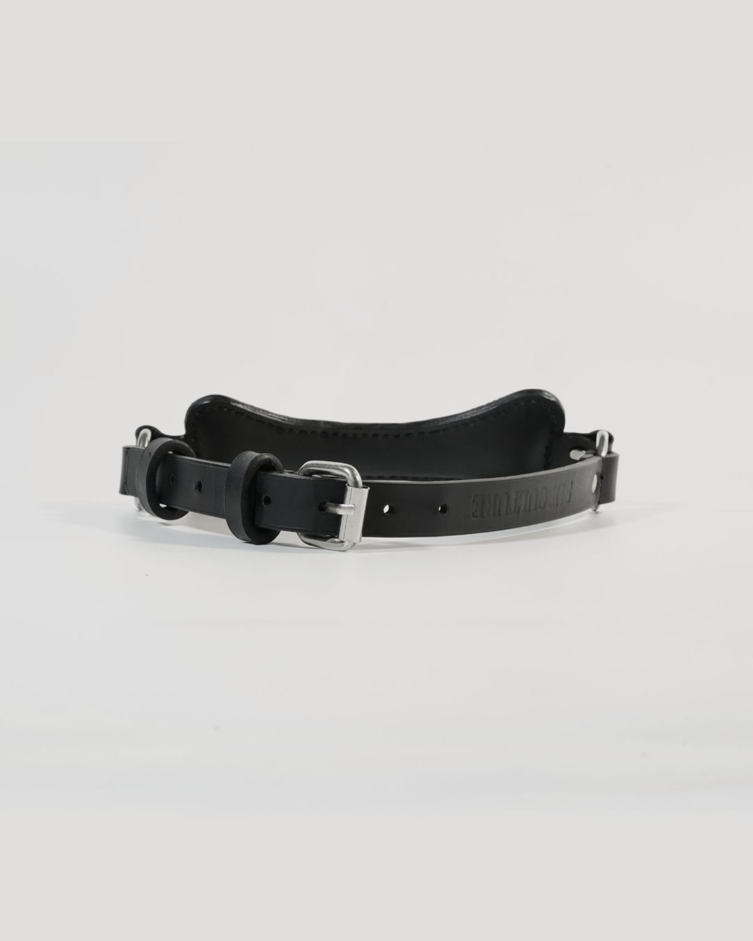 Fetch leather bone gag assembled with adjustable strap, angled side view showing steel buckle