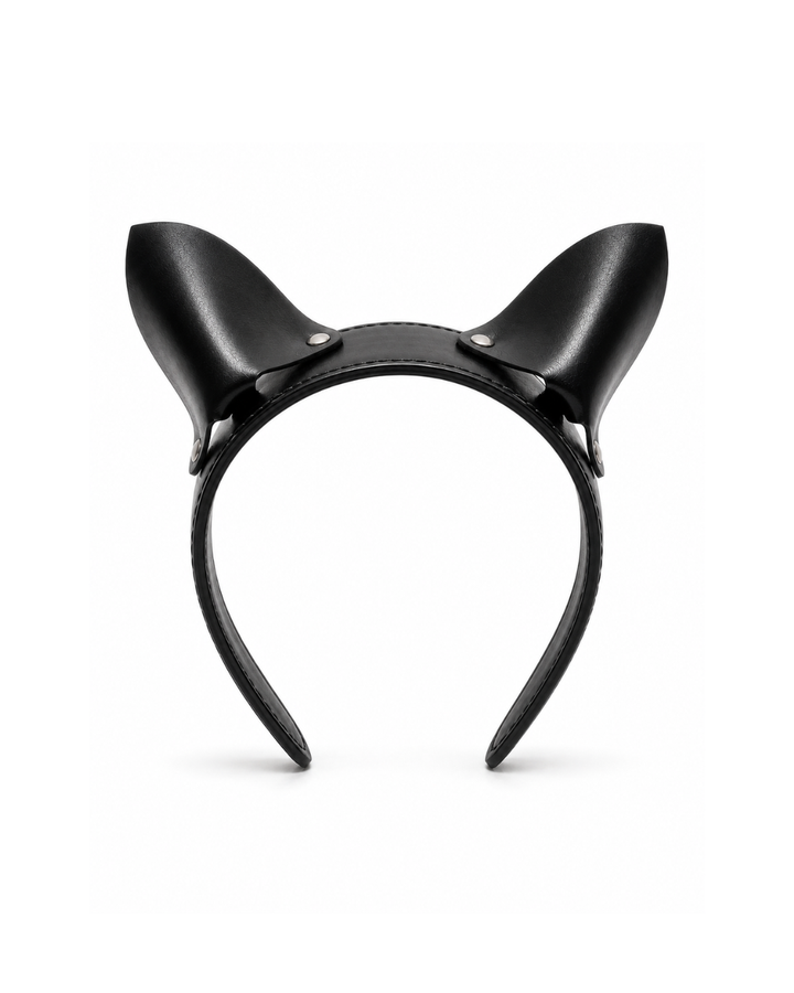 Prowl leather cat ear headband front view on white background showing three-dimensional pointed black leather ears and silver dome rivets on leather-wrapped alice band