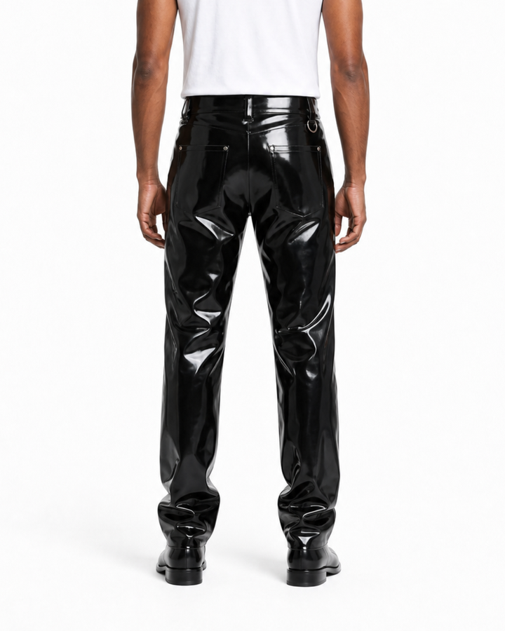 Black latex pants back view, four pockets with silver rivets, D-ring waistband detail — Leathersubculture