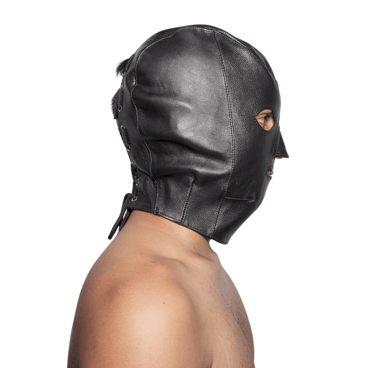 Leather Hood, genuine leather mask by Subculture, worn view