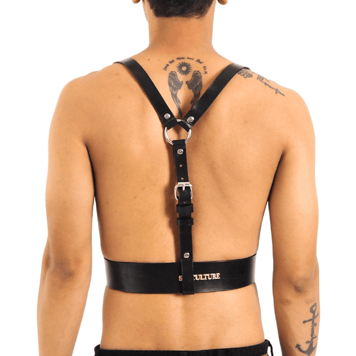 Shoulder Suspender Harness, genuine leather chest harness by Subculture, worn view