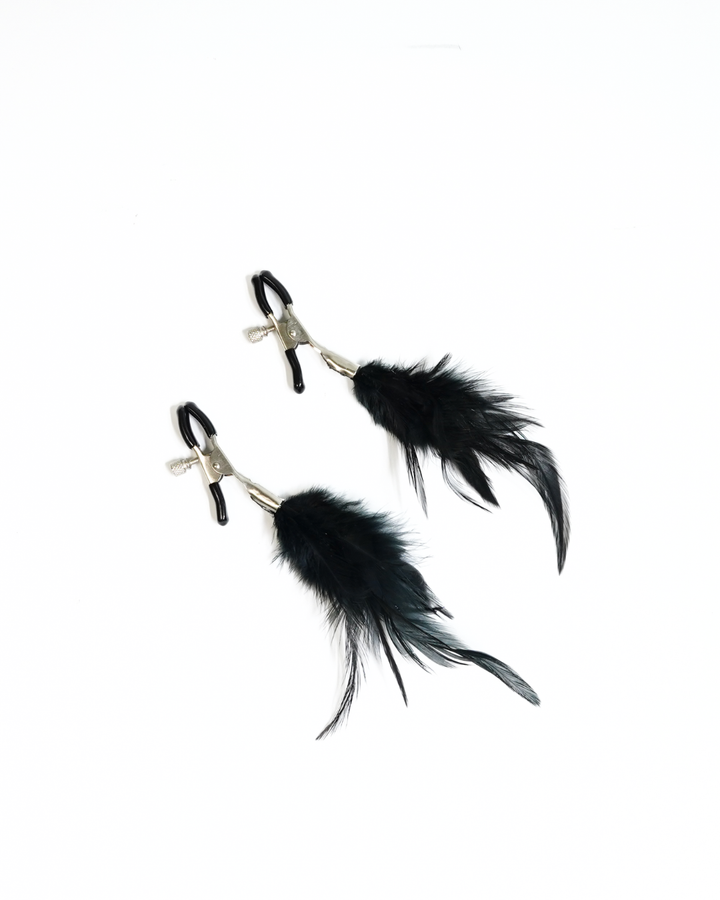 Nipple Clamps with Feathers worn view - independent clamps with decorative feathers, no chain, Subculture India
