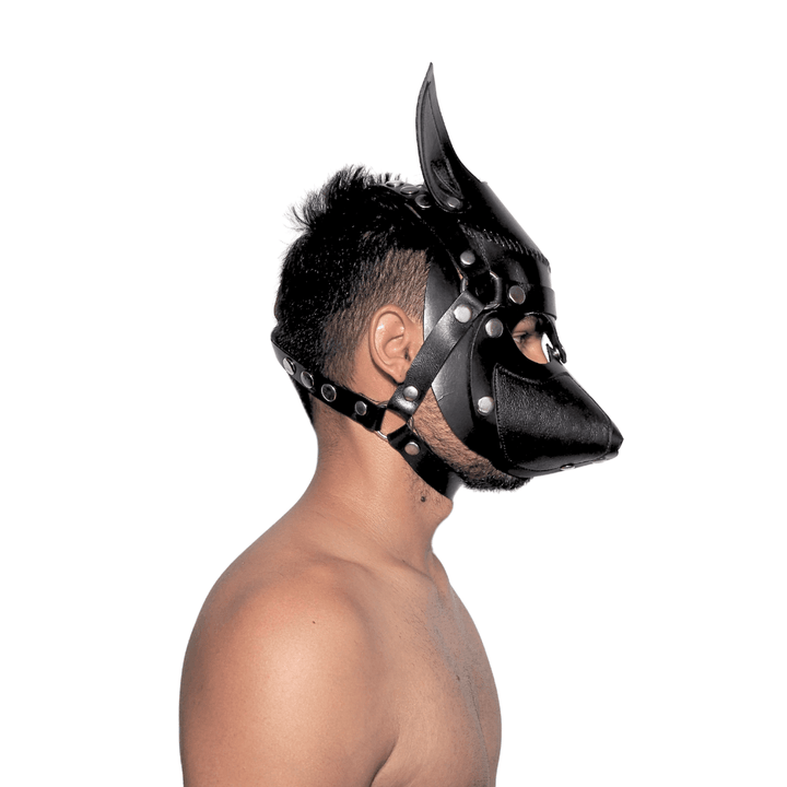 Subculture Pup Mask, genuine leather mask by Subculture, worn view