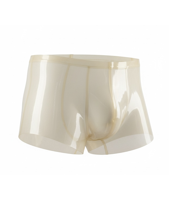 Men's red latex trunks on model - back view showing vertical zip, natural rubber, short trunk cut
