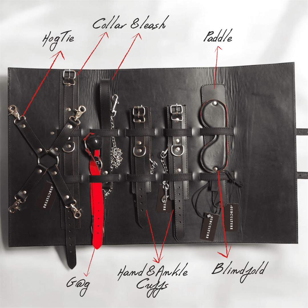 BDSM Kit, Bondage Kit, genuine leather fashion accessory by Subculture, worn view