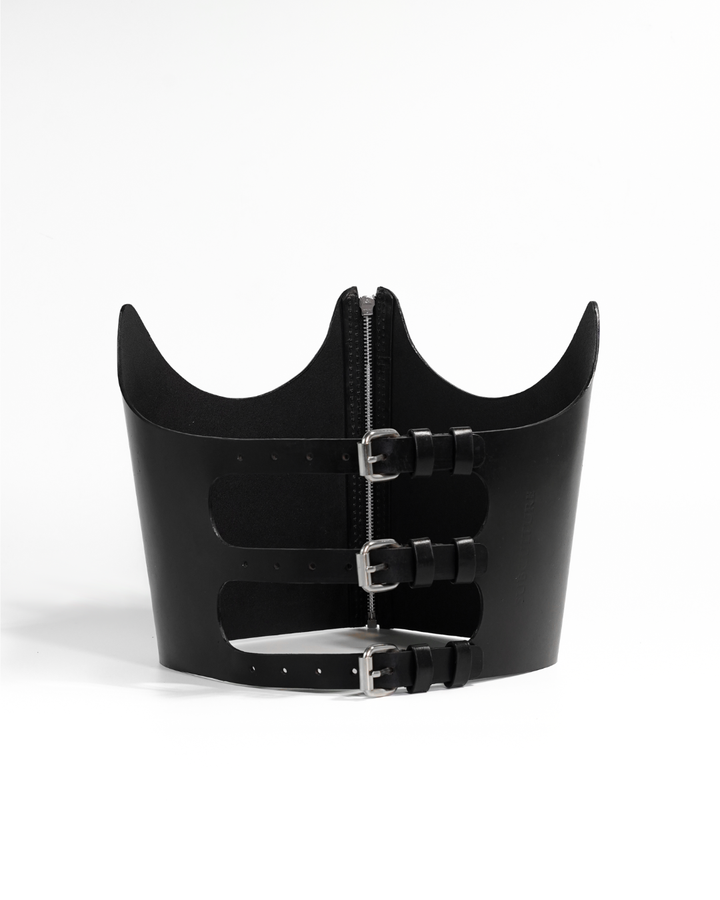 Subculture Phoenix Corset in black - back view showing three adjustable silver buckle straps and rectangular cutout waist detail, handcrafted by Leathersubculture India