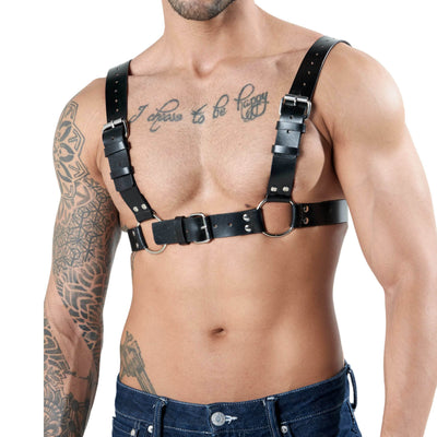 Utilitarian Leather Chest Harness, genuine leather chest harness by Subculture, close-up
