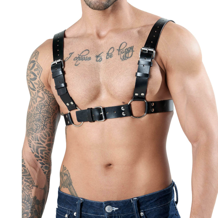 Utilitarian Leather Chest Harness, genuine leather chest harness by Subculture, close-up