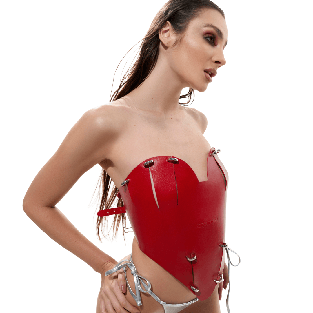 Handcrafted leather love corset showing slit cups and mini U-bridge detailing - luxury body harness