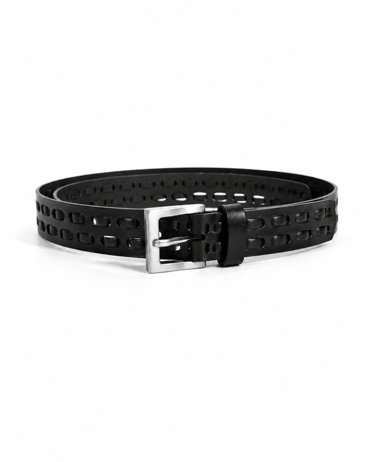 Black leather double-weave belt coiled on white background showing two rows of oval cutout perforations and square silver pin buckle