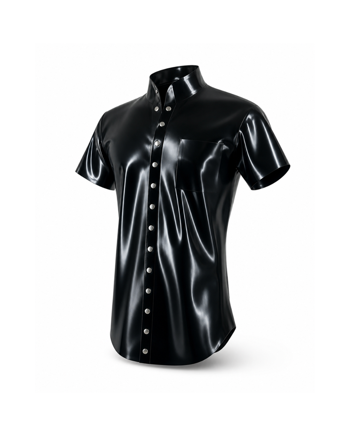 Black latex short sleeve shirt with snap stud placket, high collar and chest pocket, three quarter view