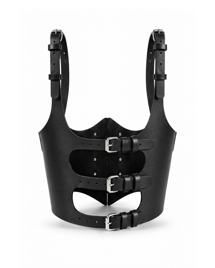 A black leather harness-style vest with adjustable shoulder straps, three front buckle straps, and silver-toned metal hardware, shown on a plain white background.