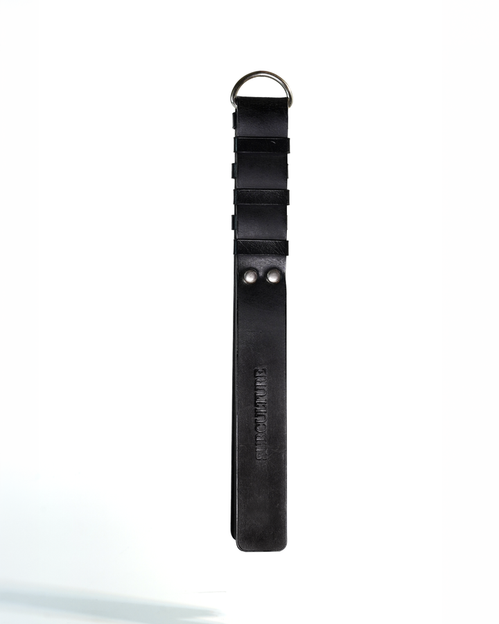 Three Layer Leather Paddle Whip - showing full length and layered leather construction, Classic Black, handmade in India