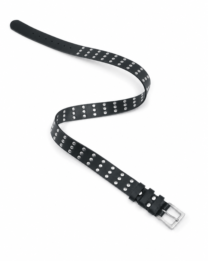 Black leather studded waist belt laid flat on white background showing full length with two rows of silver dome studs and square silver buckle