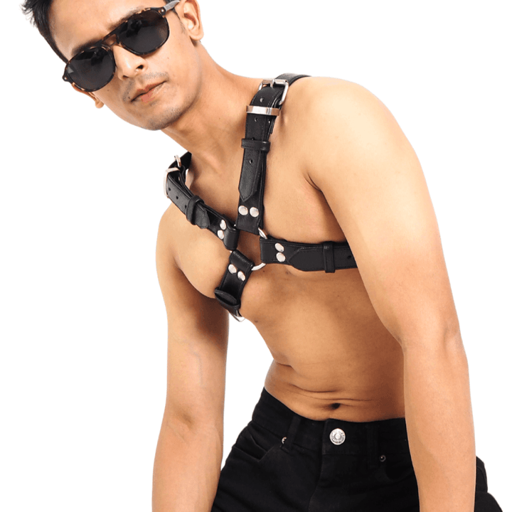 Classic Men's X Harness (soft leather), genuine leather harness by Subculture, worn view