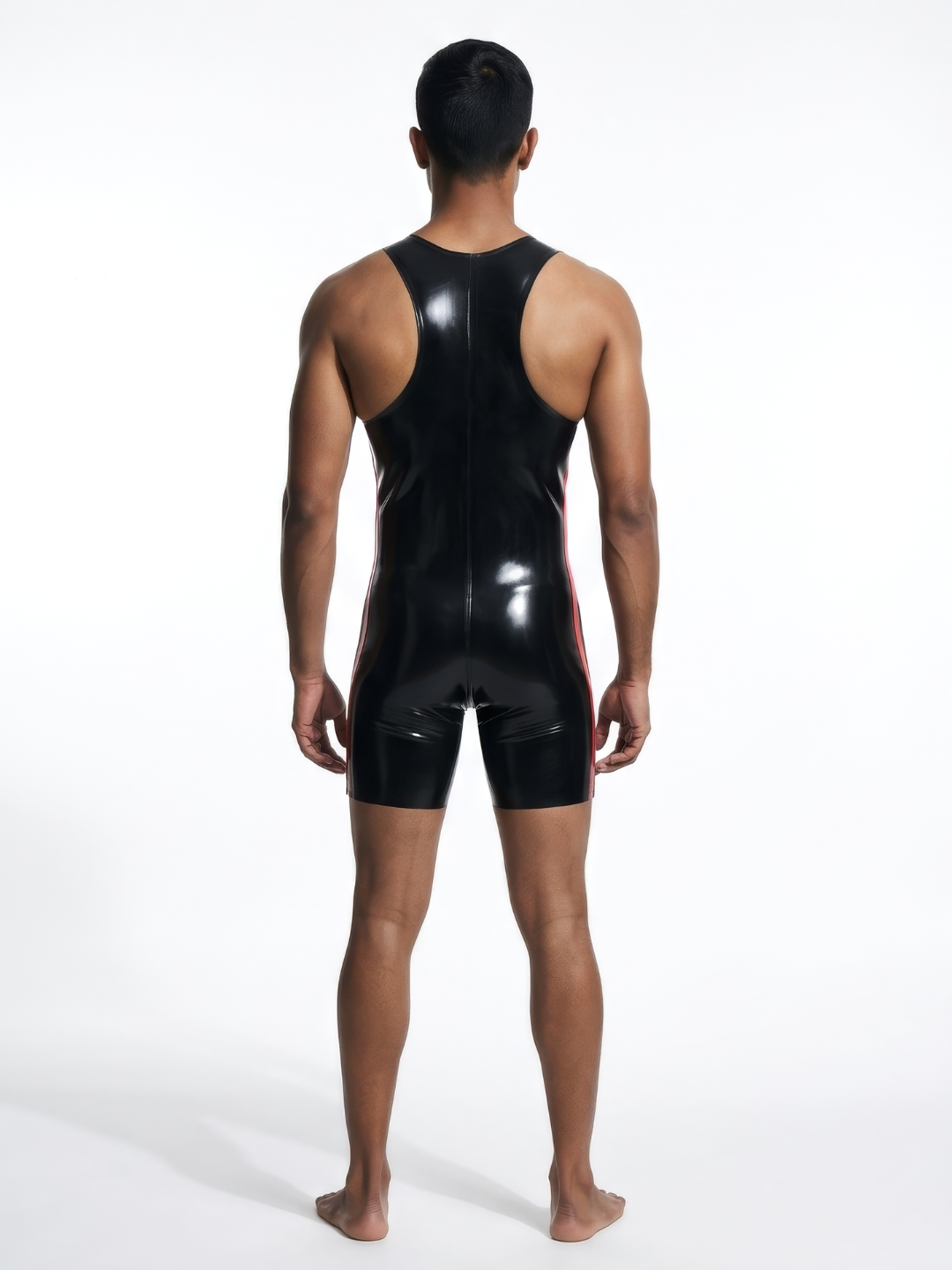 Men's black latex wrestling singlet with red side stripes, back view
