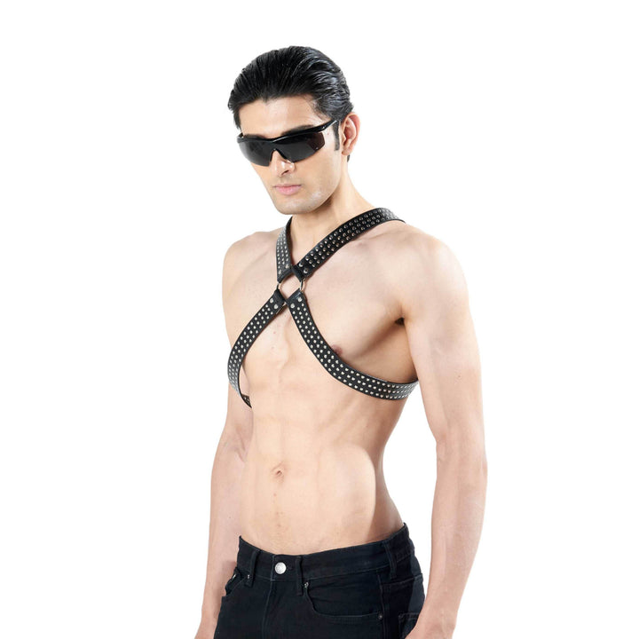 Gladiator Studded Harness, genuine leather harness by Subculture, detail view