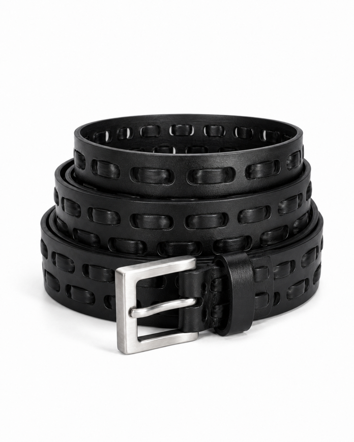Black leather double-weave belt stacked in coils on white background showing two rows of oval cutout perforations and square silver buckle detail