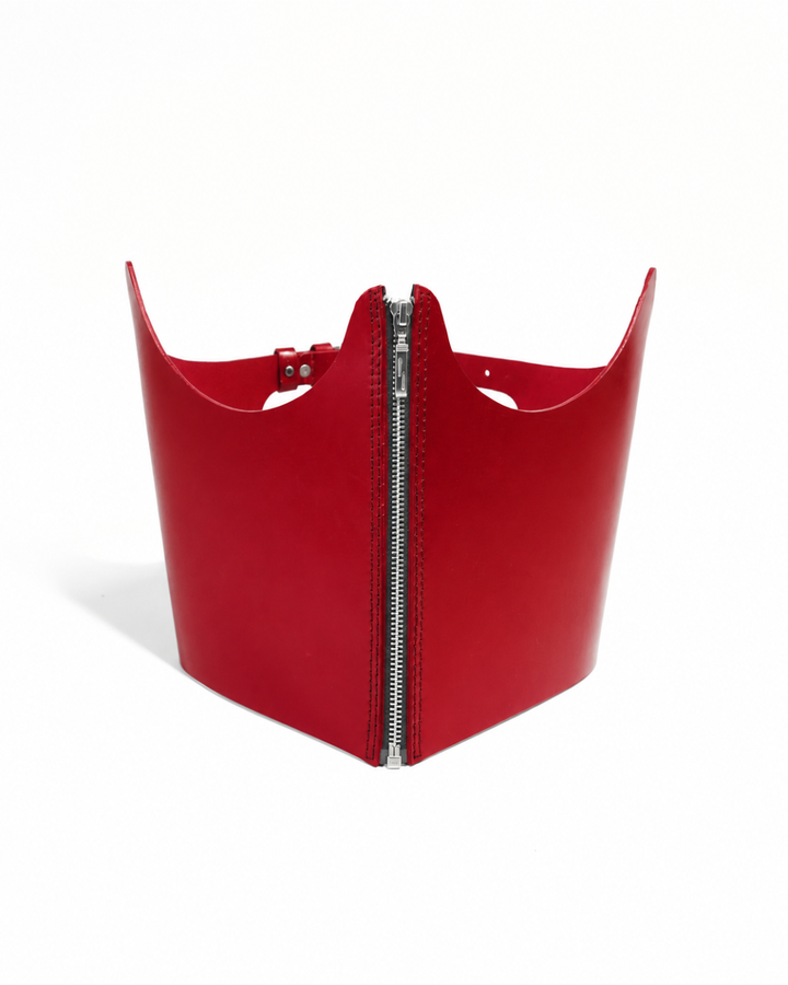 Subculture Phoenix Corset in red - front view showing centre silver zipper on smooth red leather body with curved wing silhouette, Leathersubculture India