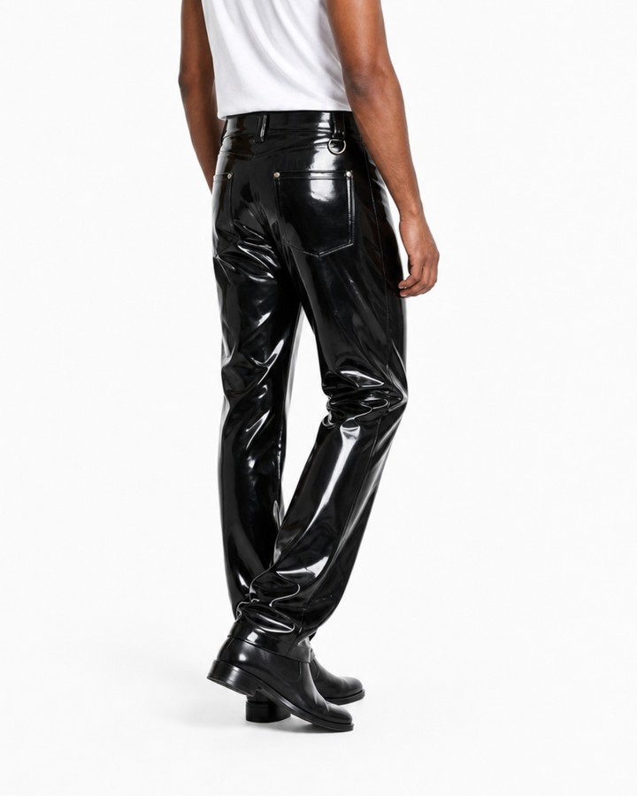 Black latex high waist pants side angle, straight leg cut, silver rivet pocket details — Leathersubculture