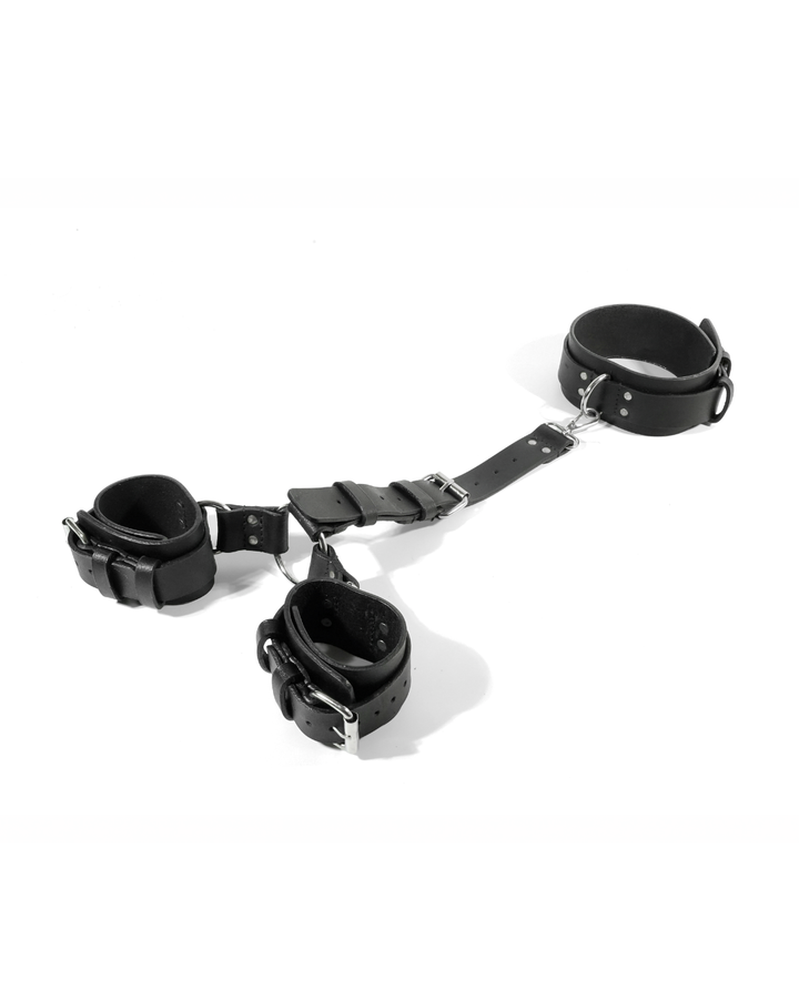 Black leather backline restraint set laid flat on white background showing padded collar, adjustable back strap with Y-junction leather connector, and two padded wrist cuffs with silver hardware