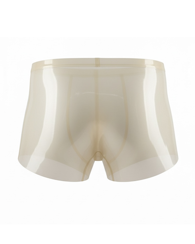 Men's red latex trunks product shot - high-shine natural rubber, short trunk cut, Leathersubculture