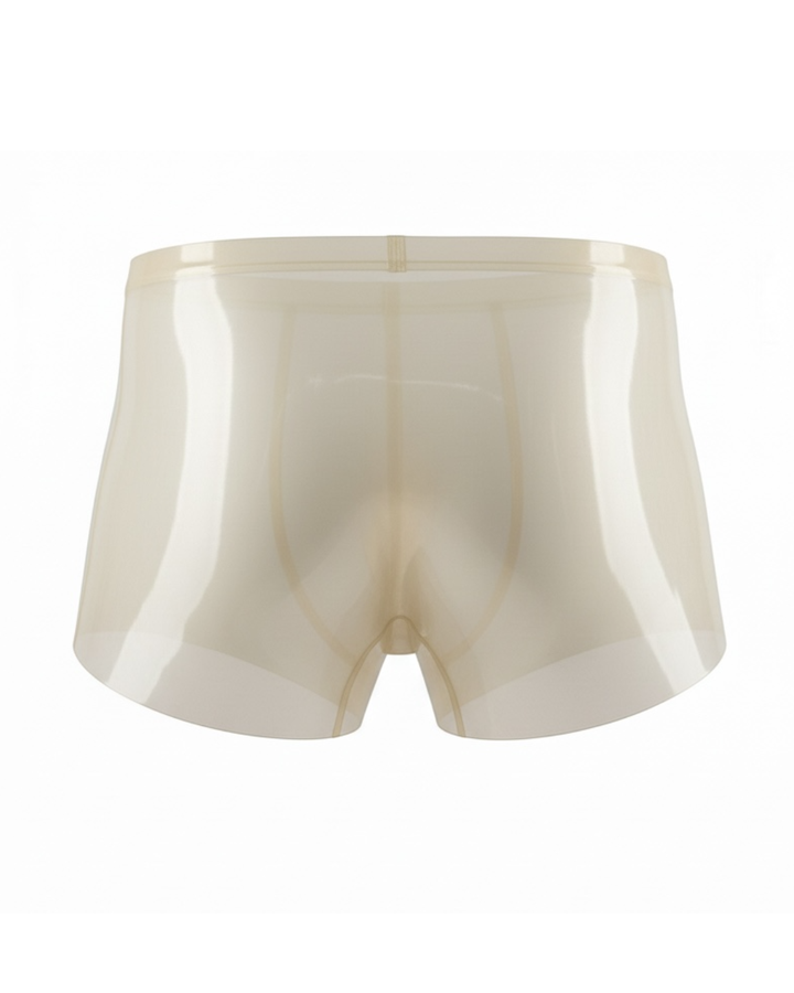 Men's red latex trunks product shot - high-shine natural rubber, short trunk cut, Leathersubculture