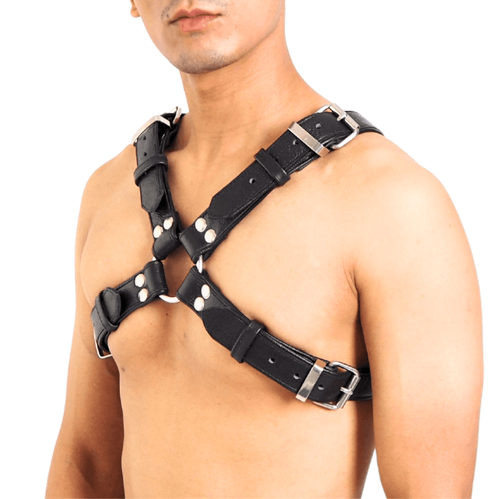 Classic Men's X Harness (soft leather), genuine leather harness by Subculture, detail view