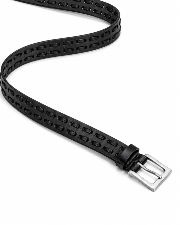 Close-up of black leather double-weave belt laid flat on white background showing two rows of oval cutout perforations and square silver pin buckle