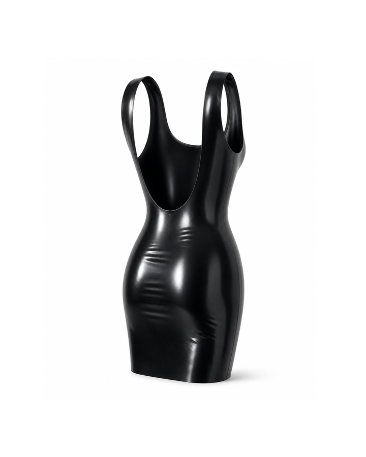 Latex Mini Dress back three-quarter product shot on ghost mannequin — showing deep plunging open back, wide shoulder straps and body-hugging mini silhouette in black latex