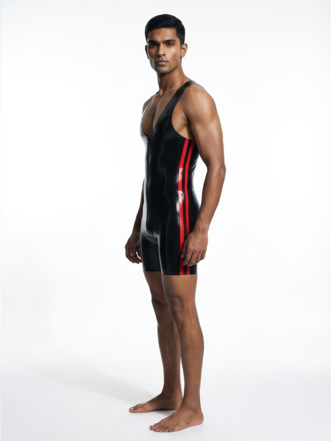 Men's black latex wrestling singlet with red side stripes, close-up front view