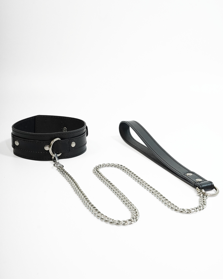 Collar and chain leash from BDSM Bondage Kit - smooth black leather collar with D-ring and silver curb chain leash with leather handle, Leathersubculture India
