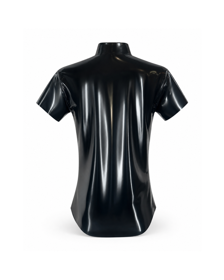 Back view of black latex short sleeve shirt with high collar and curved hem
