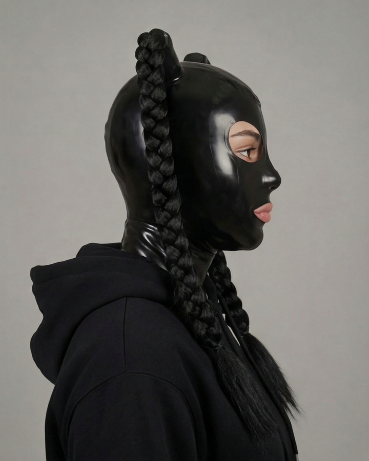 unisex pony tail latex mask hood