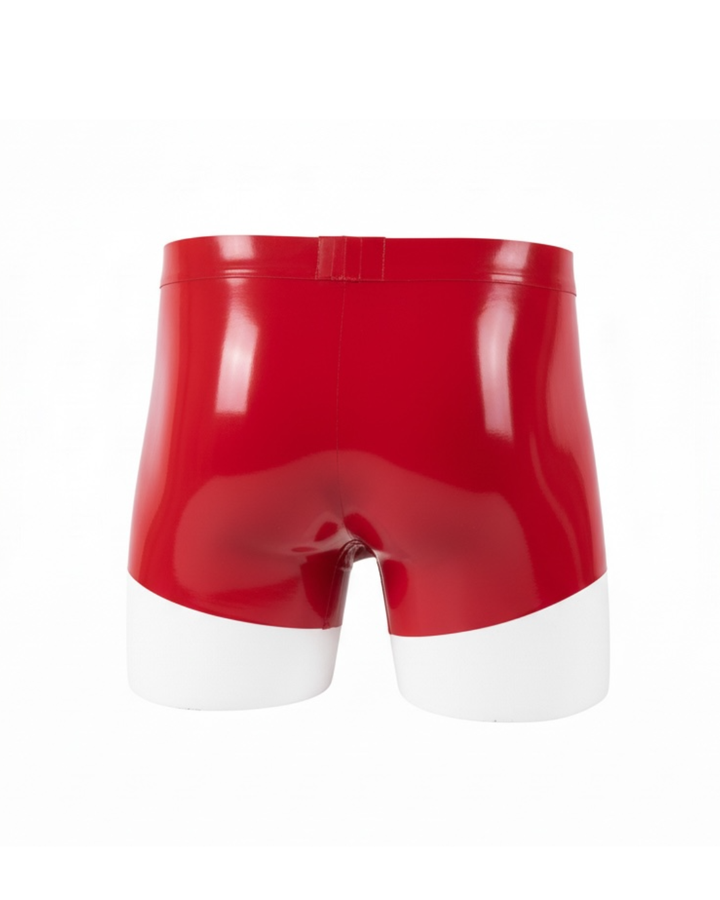 Men's black latex trunks - high-shine natural rubber, short trunk cut, handmade in India