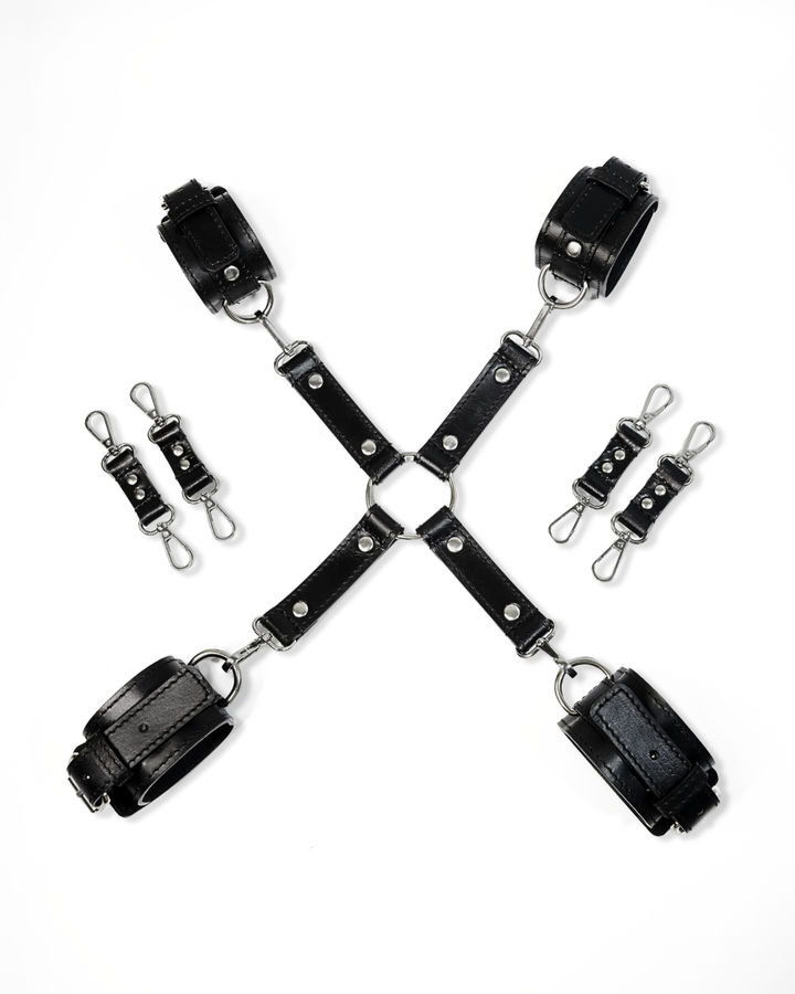 Four-point leather hog-tie restraint set from BDSM Bondage Kit - X-connector with wrist and ankle cuffs and lobster clasp attachments, Leathersubculture India